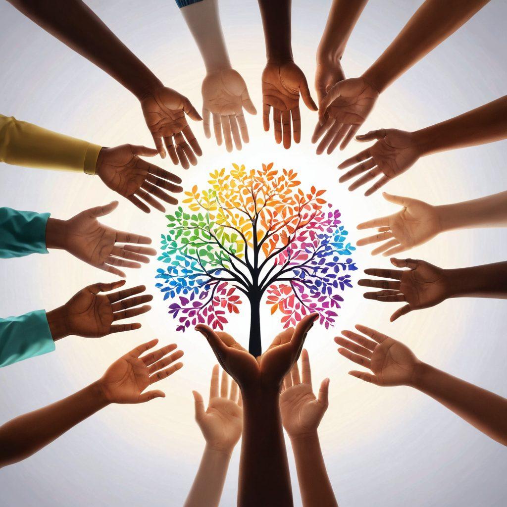 An uplifting scene depicting a diverse group of individuals offering support, connected by a network of hands symbolizing unity from diagnosis to recovery. In the background, a glowing path leads towards a brighter horizon, signifying hope and healing. Soft, warm colors create a nurturing atmosphere, with symbols of resources like books, medical supplies, and supportive hands illustrated throughout. super-realistic. vibrant colors. white background.