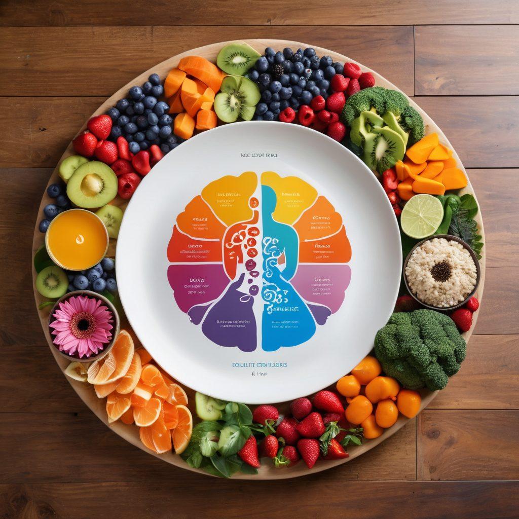 A serene and inviting scene depicting a well-rounded wellness journey, showcasing a vibrant table filled with colorful, nutritious foods, a calm yoga setting with a person meditating, and a mental health symbol such as a brain made of flowers in the background. The atmosphere should feel harmonious and balanced, emphasizing the interconnectedness of nutrition, fitness, and mental health, especially in the context of oncology care. super-realistic. vibrant colors. soft natural lighting.