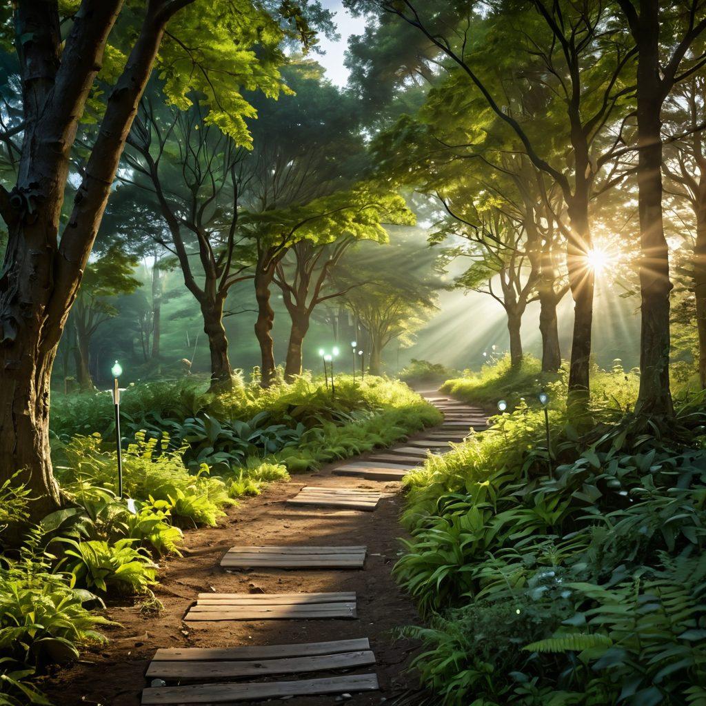 A serene pathway winding through a lush green forest, lined with symbolic representations of hope such as glowing orbs and gentle rays of sunlight filtering through the trees. Alongside the path, small signs display supportive words like 'Strength', 'Hope', and 'Wellness'. In the background, a soft-focus silhouette of an oncology team working together can be seen, symbolizing support and guidance. The scene conveys tranquility and empowerment. super-realistic. vibrant colors. soft lighting.